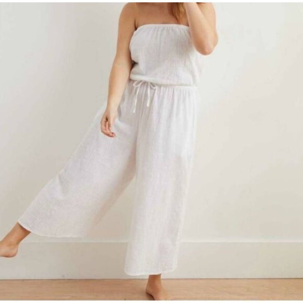 Aerie White Cotton Gauze Strapless Wide Leg Jumpsuit Size XS